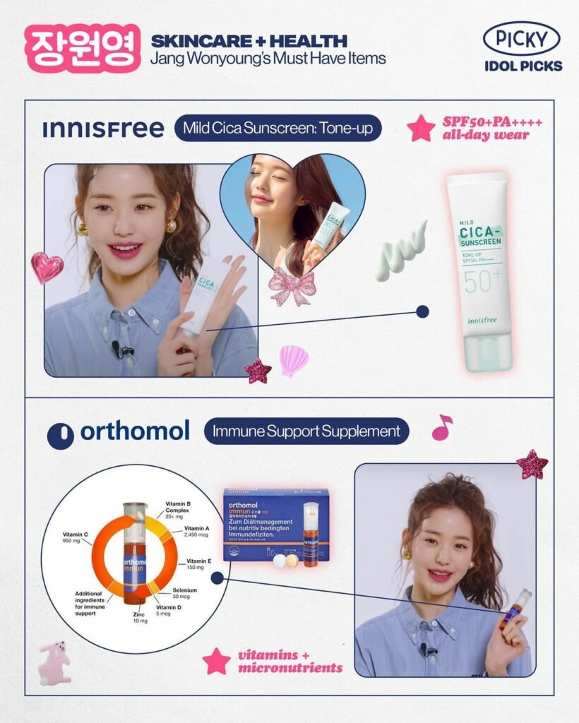 Wonyoungs favorite skincare, health products Innisfree Mild Cica Sunscreen: Tone-up, Orthomol Immune Support Supplement