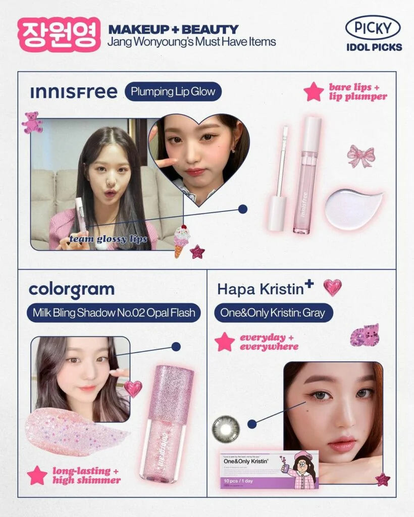 Wonyoungs favorite skincare, beauty makeup products Innisfree Plumping Lip Glow, Colorgram Milk Bling Shadow No. 02 Opal Flash, Hapa Kristin One&Only Kristin: Gray